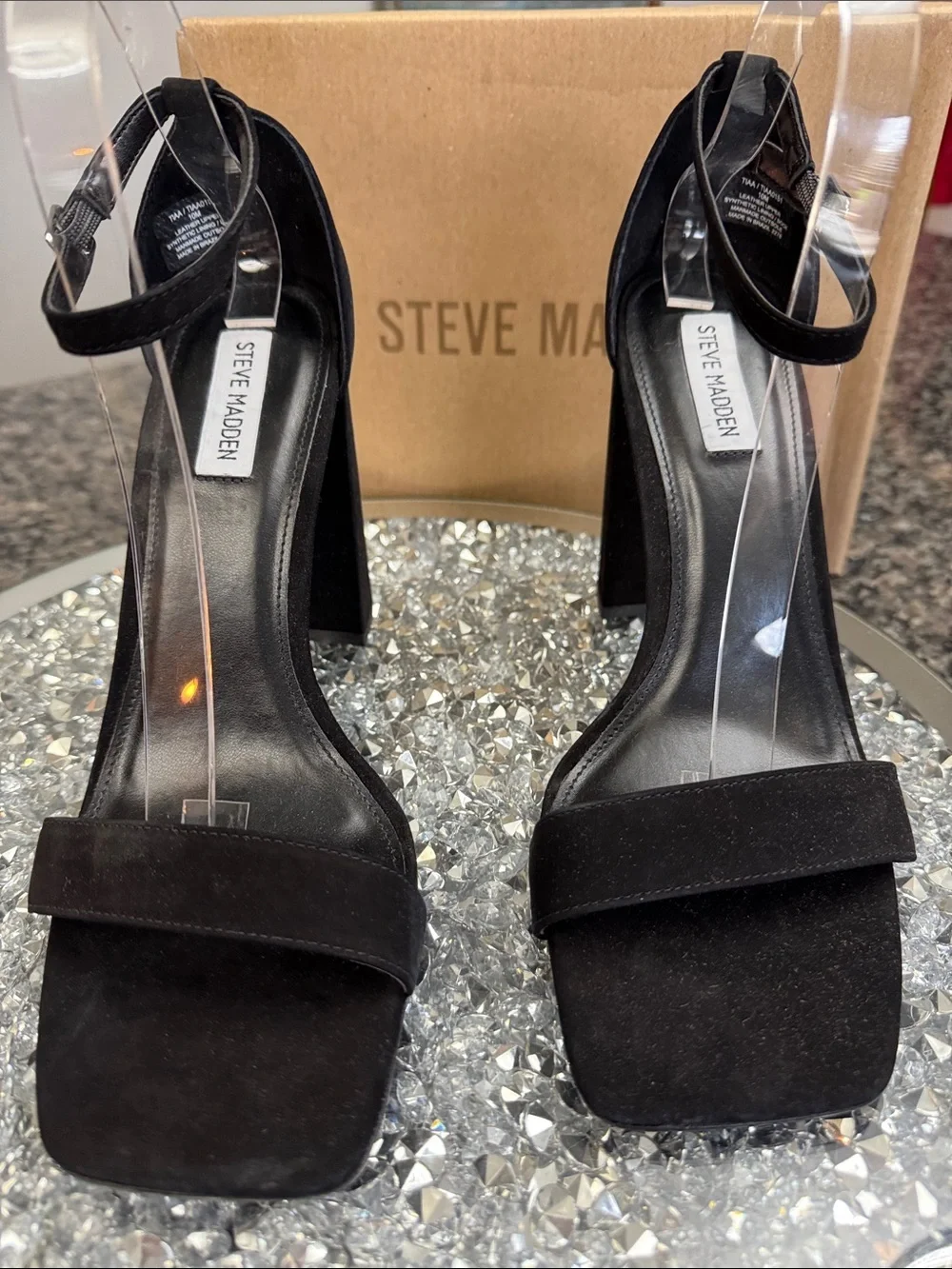 Steve Madden Black Suede leather Chunky Block Heel Sandals NEW 10